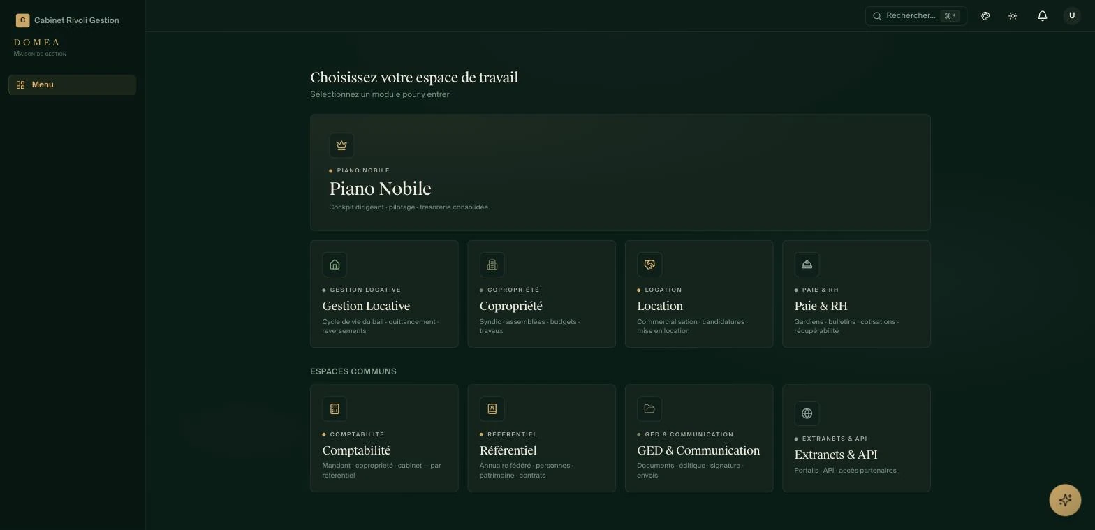 Écran d’accueil de DOMEA : choix de l’espace de travail — Piano Nobile, gestion locative, copropriété, location, paie et RH, puis les espaces communs comptabilité, référentiel, GED et communication, extranets et API.